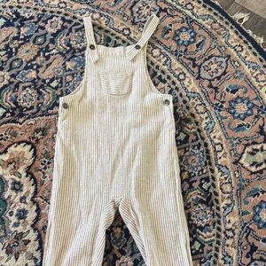 Rylee + Cru Cream and Brown Striped Ribbed Overalls